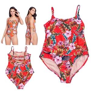 Kona Sol One Piece Swimsuit Women Orange Floral Shirred High Coverage Size Large